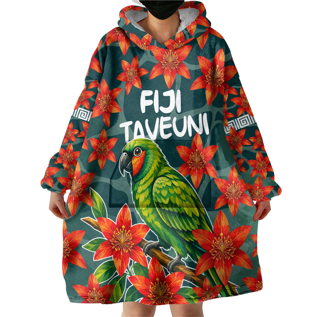 Fiji Taveuni Parrot Wearable Blanket Hoodie Tropical Waterfall Landscape With Floral Tribal Pattern
