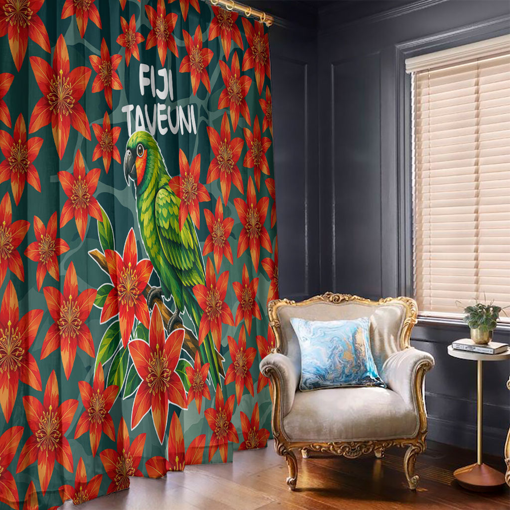 Fiji Taveuni Parrot Window Curtain Tropical Waterfall Landscape With Floral Tribal Pattern