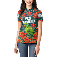 Fiji Taveuni Parrot Women Polo Shirt Tropical Waterfall Landscape With Floral Tribal Pattern