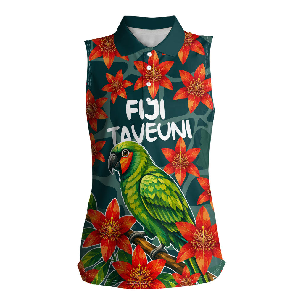 Fiji Taveuni Parrot Women Sleeveless Polo Shirt Tropical Waterfall Landscape With Floral Tribal Pattern