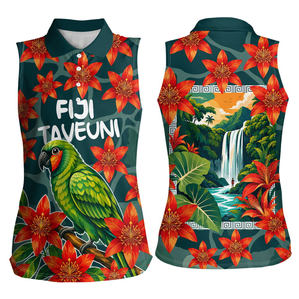 Fiji Taveuni Parrot Women Sleeveless Polo Shirt Tropical Waterfall Landscape With Floral Tribal Pattern