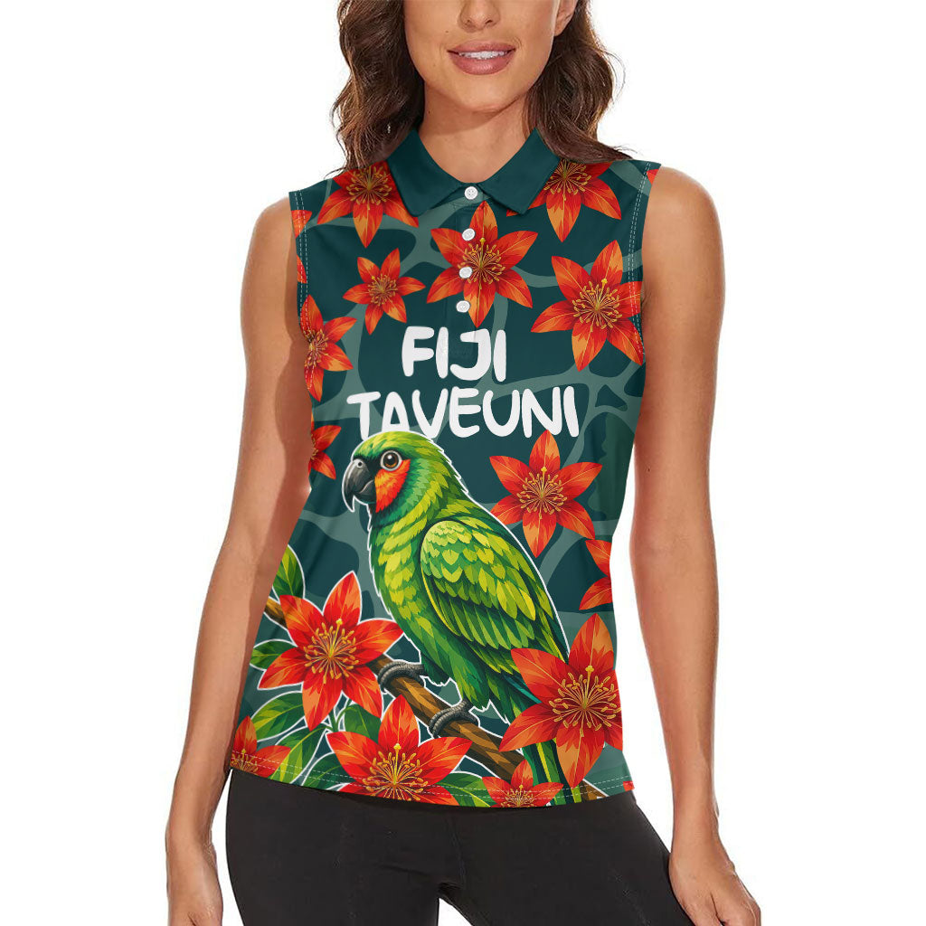 Fiji Taveuni Parrot Women Sleeveless Polo Shirt Tropical Waterfall Landscape With Floral Tribal Pattern