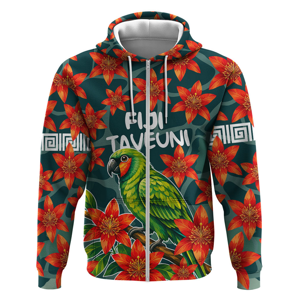 Fiji Taveuni Parrot Zip Hoodie Tropical Waterfall Landscape With Floral Tribal Pattern TS04 Zip Hoodie Green Orange - Polynesian Pride