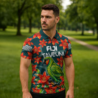 Fiji Taveuni Parrot Zipper Polo Shirt Tropical Waterfall Landscape With Floral Tribal Pattern