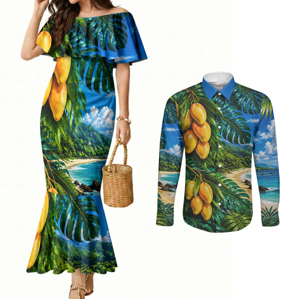 Hawaiian Mango Tropical Beach Couples Matching Mermaid Dress and Long Sleeve Button Shirt Scenic Island Nature Exotic Fruit Graphic