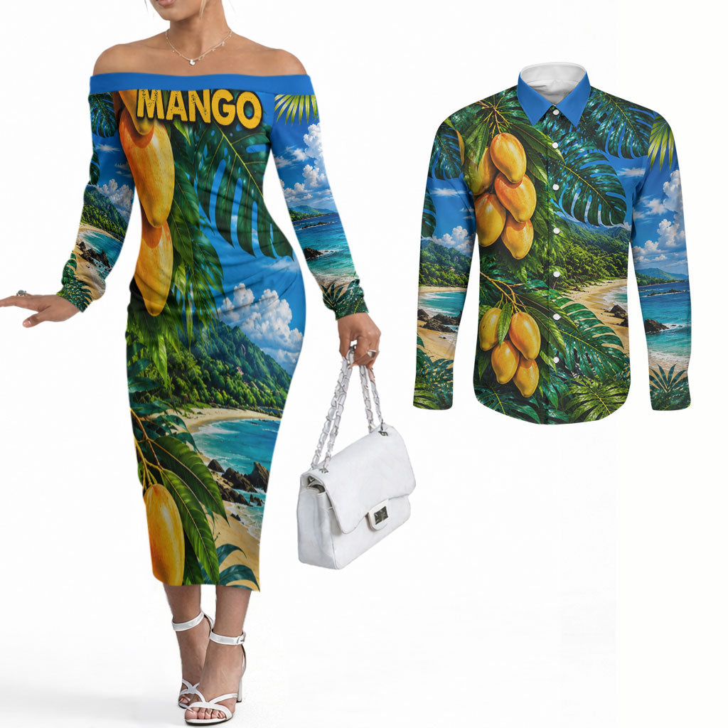 Hawaiian Mango Tropical Beach Couples Matching Off The Shoulder Long Sleeve Dress and Long Sleeve Button Shirt Scenic Island Nature Exotic Fruit Graphic