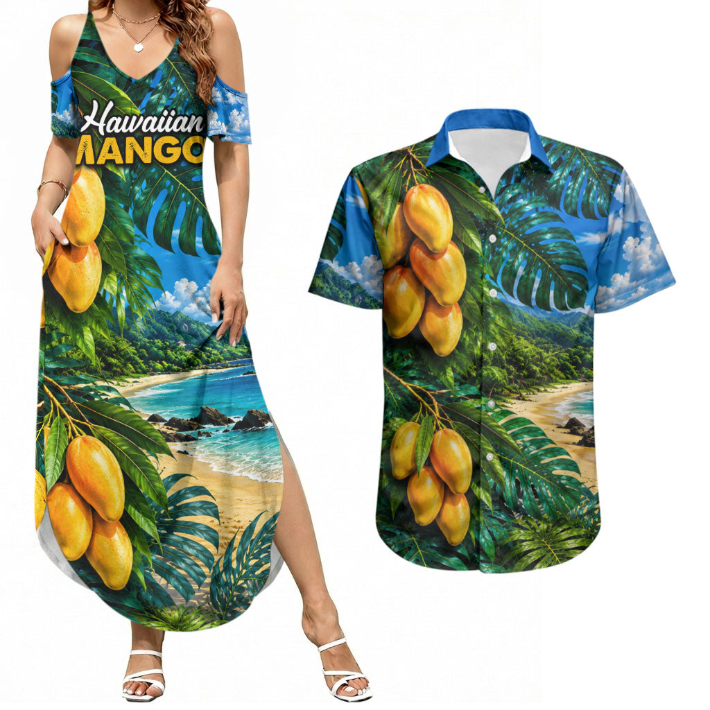 Hawaiian Mango Tropical Beach Couples Matching Summer Maxi Dress and Hawaiian Shirt Scenic Island Nature Exotic Fruit Graphic