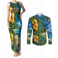Hawaiian Mango Tropical Beach Couples Matching Tank Maxi Dress and Long Sleeve Button Shirt Scenic Island Nature Exotic Fruit Graphic TS04 Blue Green - Polynesian Pride