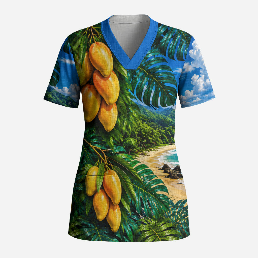 Hawaiian Mango Tropical Beach Scrub Top Scenic Island Nature Exotic Fruit Graphic