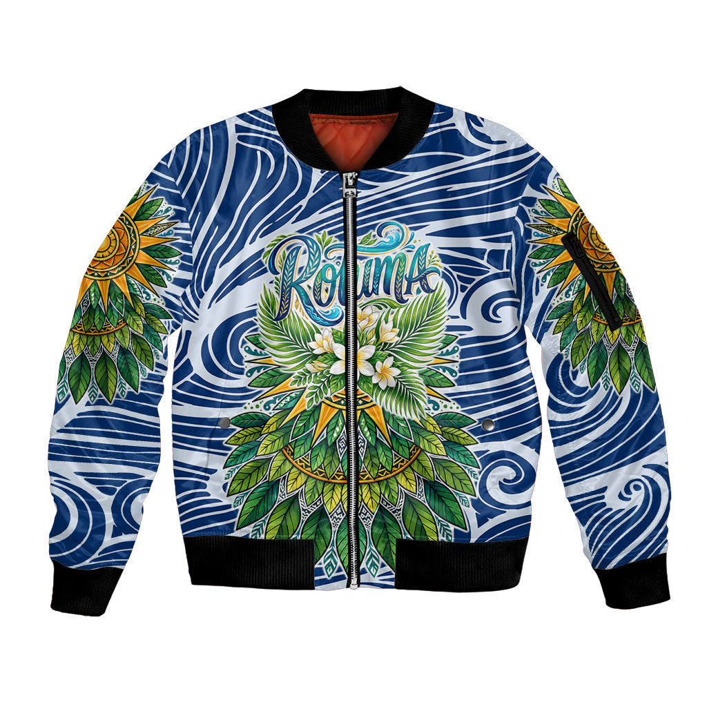 Rotuma Fiji Island Pride Sleeve Zip Bomber Jacket Ocean Wave Coral Reef Marine Life Tribal Tattoo TS04 Unisex Blue Green - Polynesian Pride