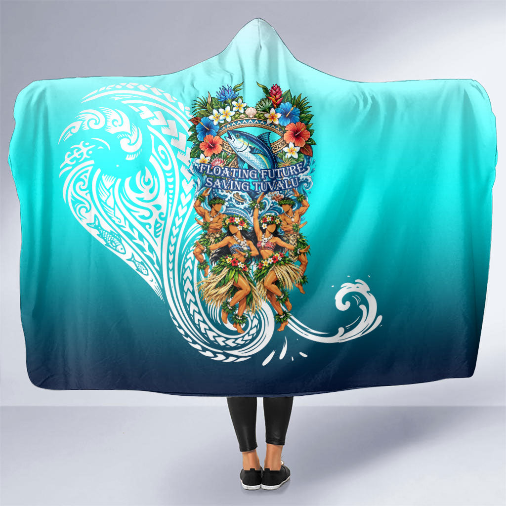 Floating Future Saving Tuvalu Hooded Blanket Ocean Blue Pacific Polynesian Cultural Art Marine Wildlife TS04 One Size Blue White - Polynesian Pride