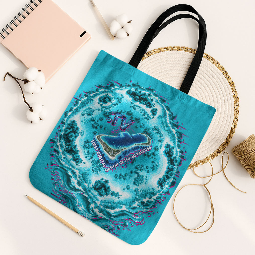 Tuvalu First Digital Nation In The Metaverse Tote Bag Polynesian Island Atoll Cyber Ocean TS04 Black Strap One Size Blue White - Polynesian Pride