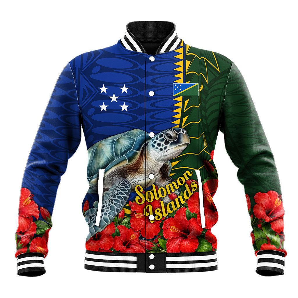 Solomon Islands Sea Turtle Baseball Jacket Patriotic Flag Coat Of Arms Tribal Hibiscus