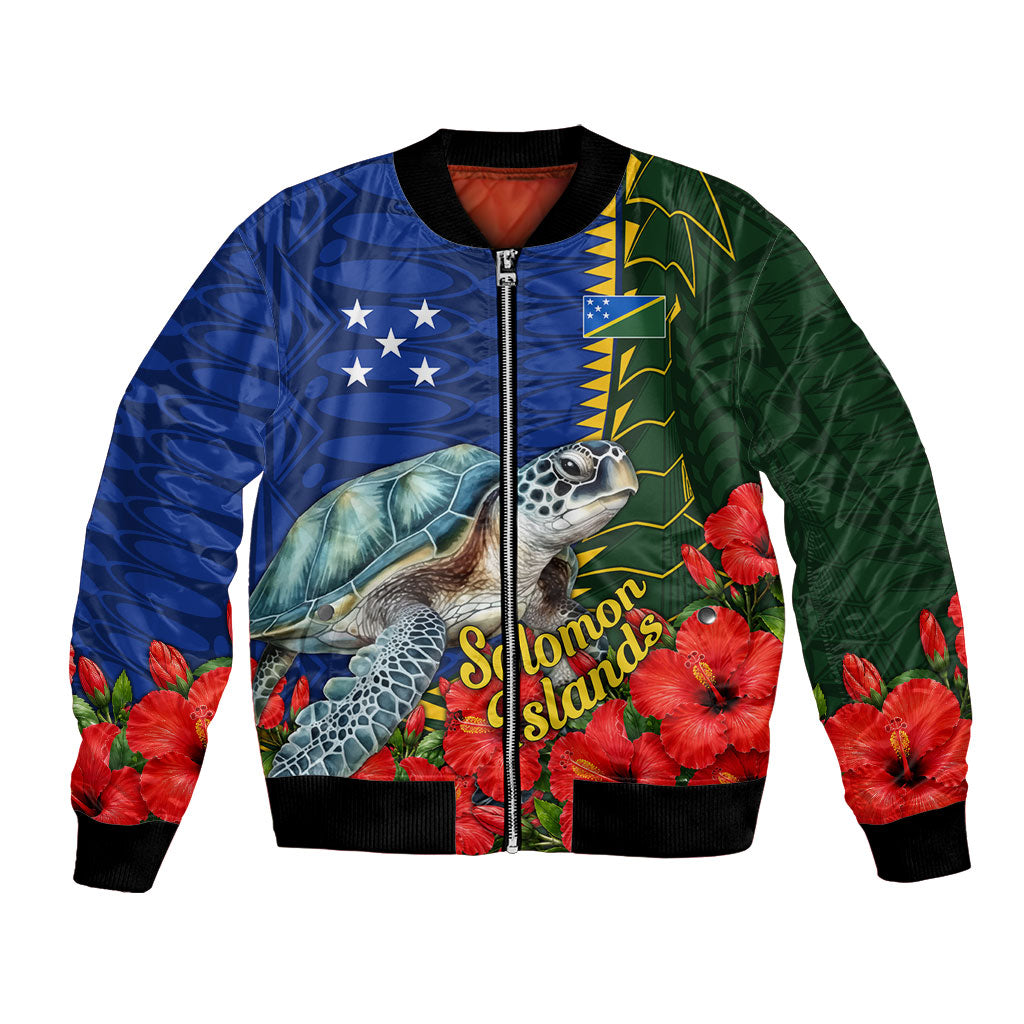 Solomon Islands Sea Turtle Bomber Jacket Patriotic Flag Coat Of Arms Tribal Hibiscus