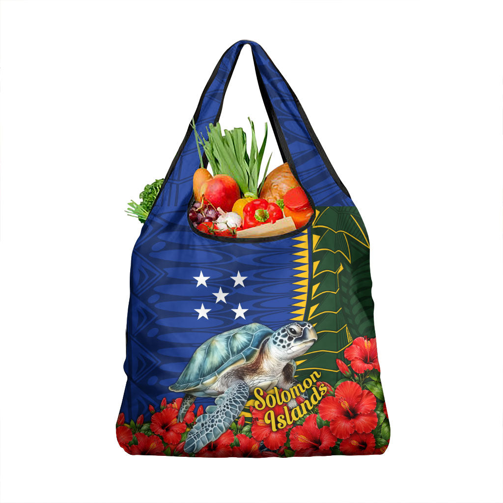 Solomon Islands Sea Turtle Grocery Bag Patriotic Flag Coat Of Arms Tribal Hibiscus TS04 1-pack One Size Blue Green - Polynesian Pride