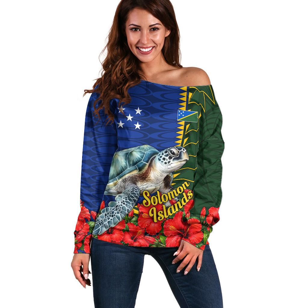 Solomon Islands Sea Turtle Off Shoulder Sweater Patriotic Flag Coat Of Arms Tribal Hibiscus