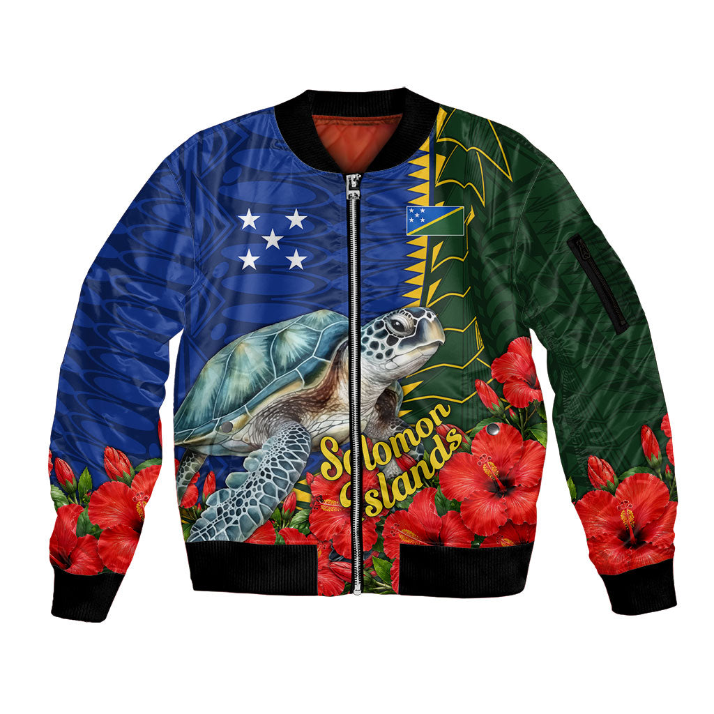 Solomon Islands Sea Turtle Sleeve Zip Bomber Jacket Patriotic Flag Coat Of Arms Tribal Hibiscus