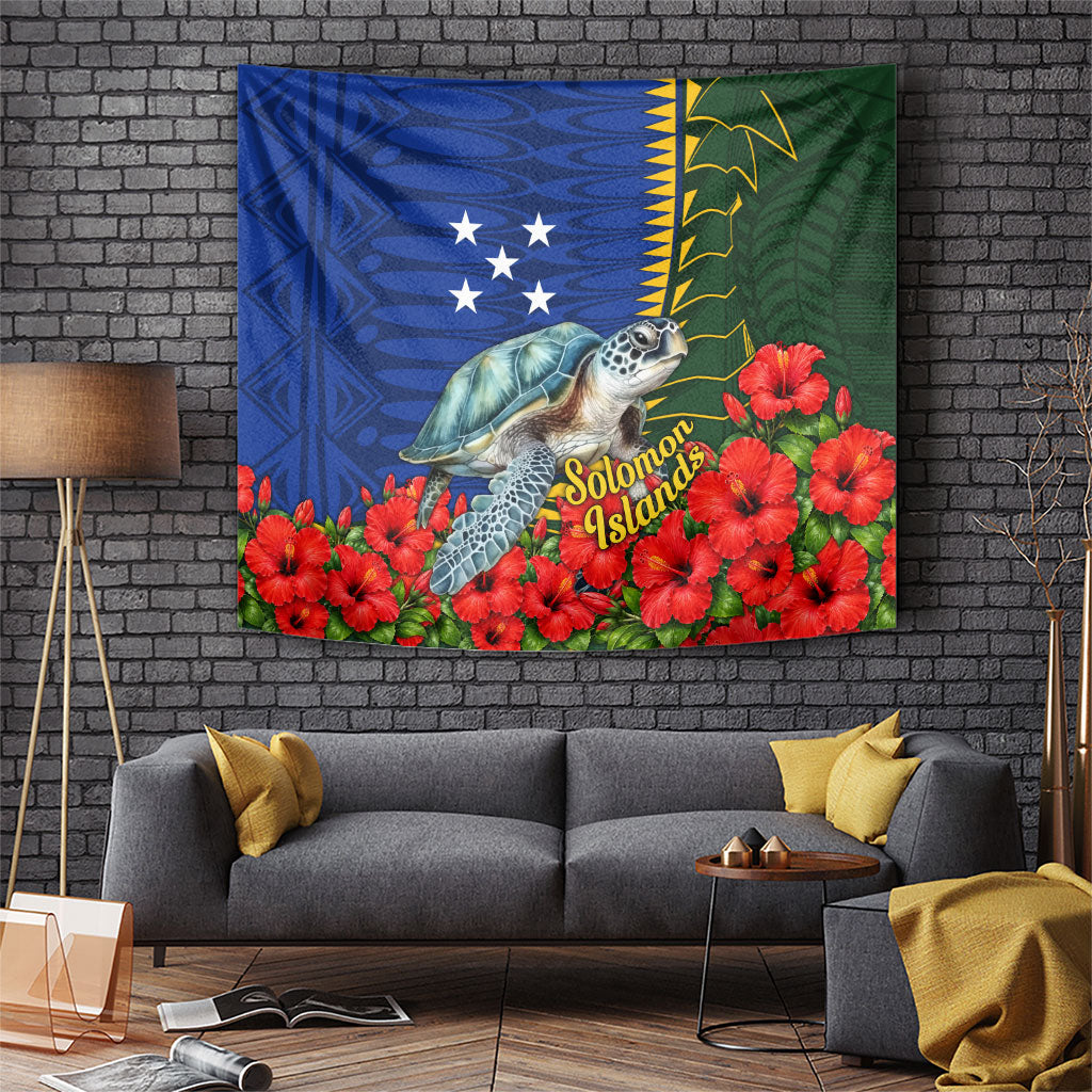 Solomon Islands Sea Turtle Tapestry Patriotic Flag Coat Of Arms Tribal Hibiscus TS04 Blue Green - Polynesian Pride