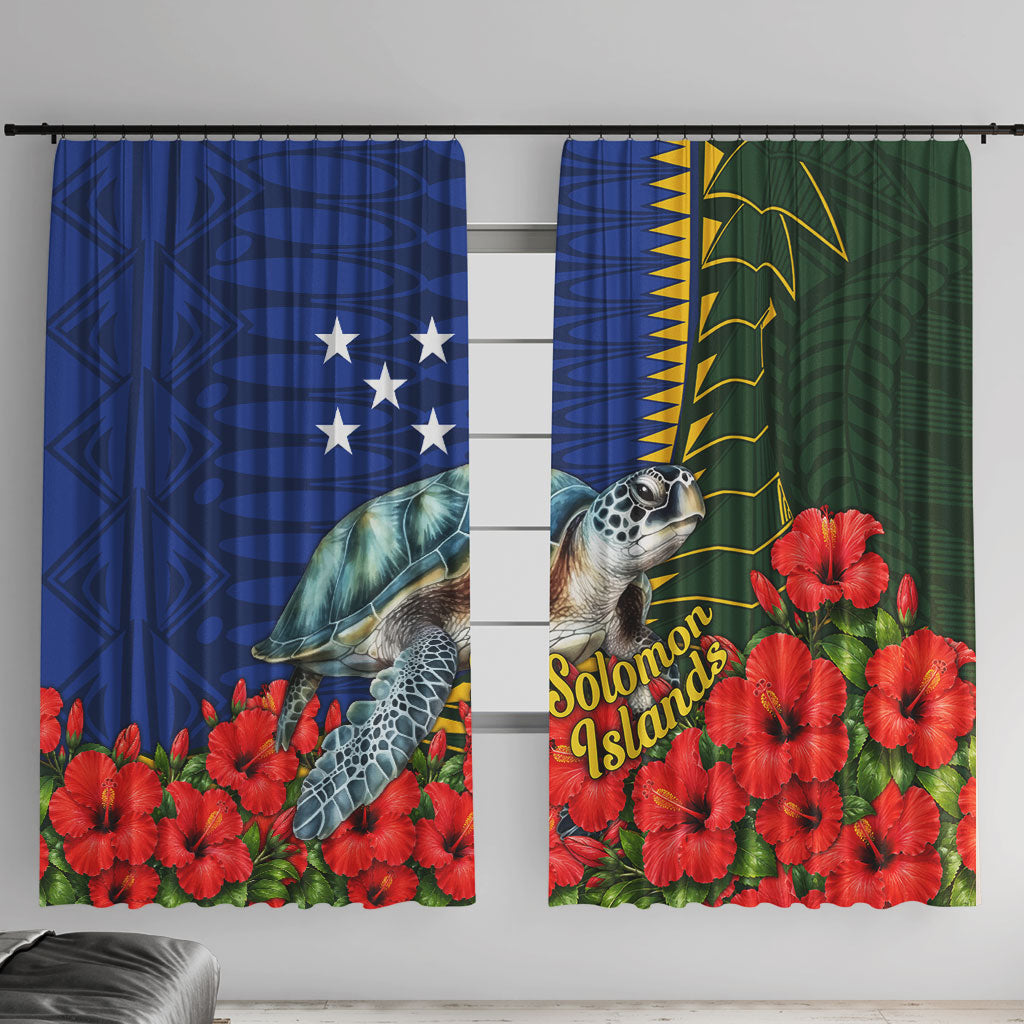 Solomon Islands Sea Turtle Window Curtain Patriotic Flag Coat Of Arms Tribal Hibiscus TS04 With Hooks Blue Green - Polynesian Pride