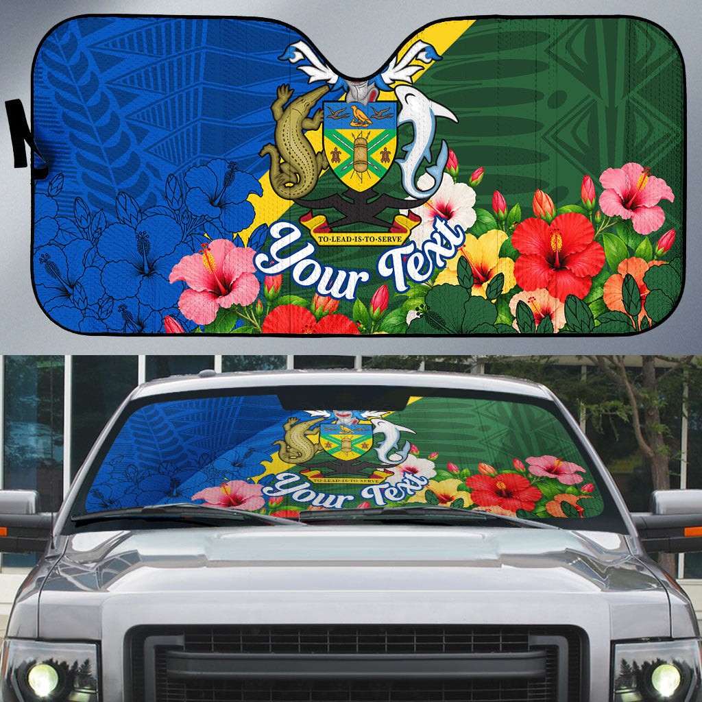 Personalized Solomon Islands Coat Of Arms Auto Sun Shade Patriotic Flag Shark Crocodile Tropical Floral