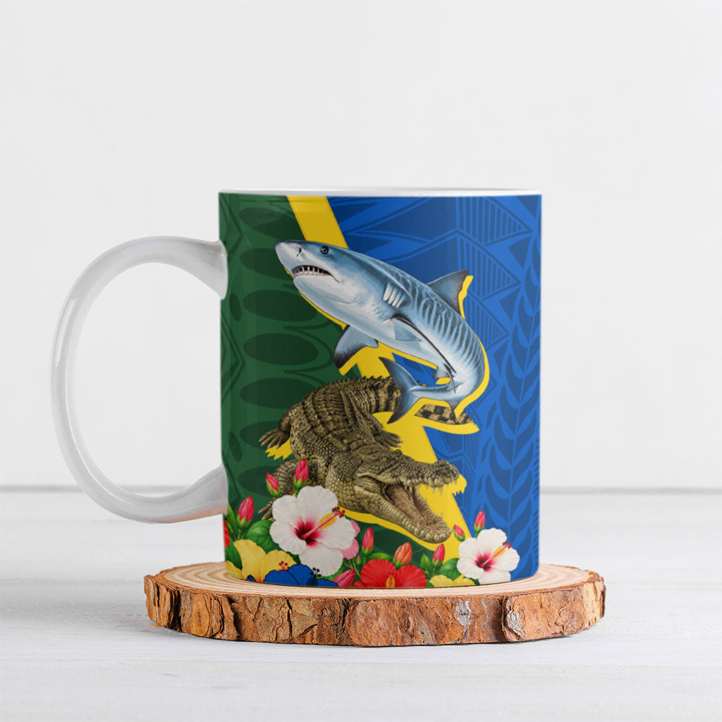 Personalized Solomon Islands Coat Of Arms Ceramic Mug Patriotic Flag Shark Crocodile Tropical Floral TS04 Blue Green - Polynesian Pride