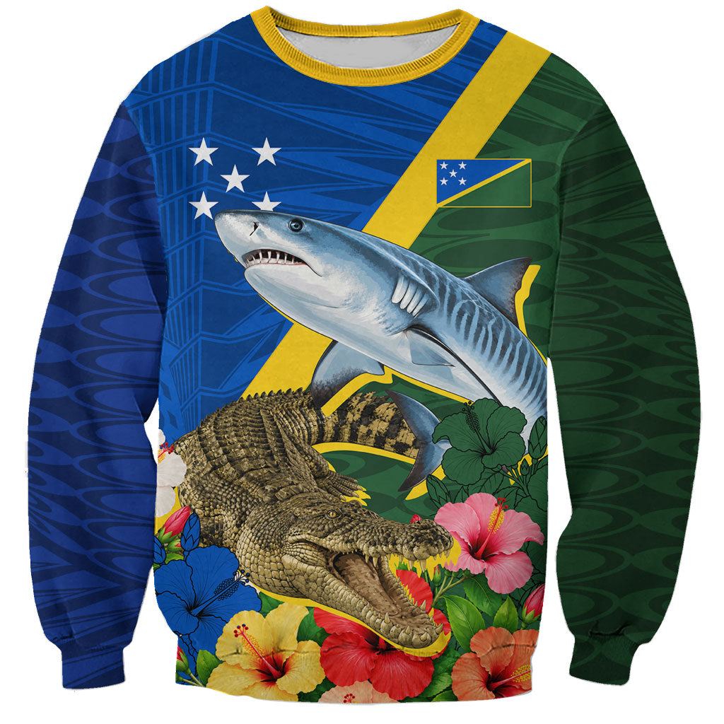 Personalized Solomon Islands Coat Of Arms Sweatshirt Patriotic Flag Shark Crocodile Tropical Floral TS04 Unisex Blue Green - Polynesian Pride