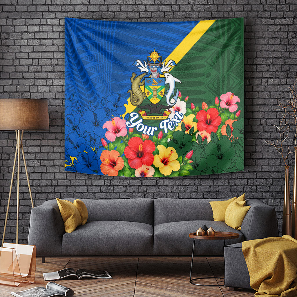 Personalized Solomon Islands Coat Of Arms Tapestry Patriotic Flag Shark Crocodile Tropical Floral TS04 Blue Green - Polynesian Pride