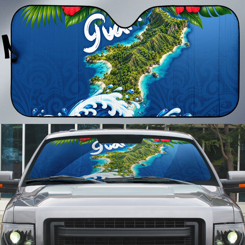Guam Tropical Island Auto Sun Shade Hibiscus Floral Ocean Waves