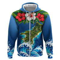 Guam Tropical Island Hoodie Hibiscus Floral Ocean Waves TS04 Zip Hoodie Blue Red - Polynesian Pride
