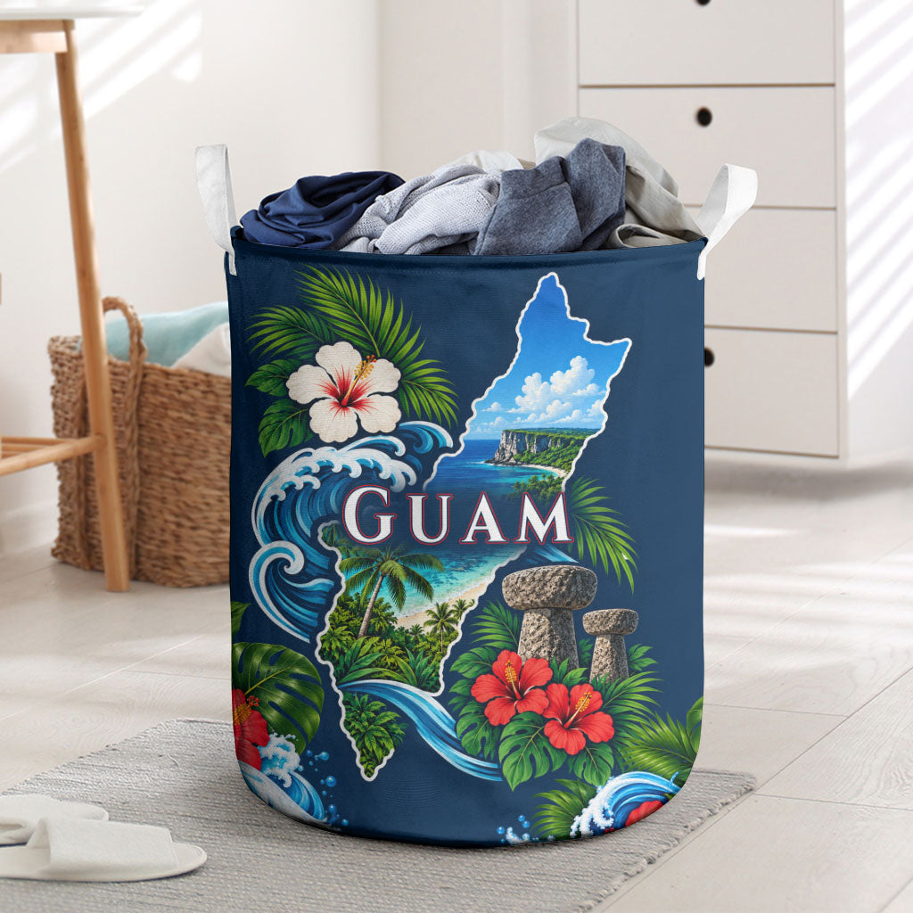 Guam Map Latte Stone Laundry Basket Hibiscus Floral Coastal Landscape