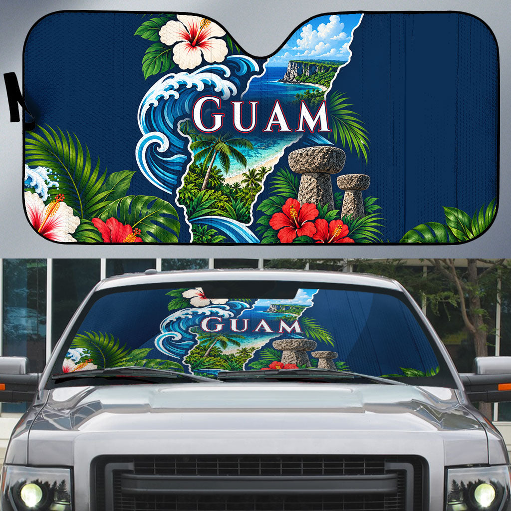 Guam Map Latte Stone Auto Sun Shade Hibiscus Floral Coastal Landscape