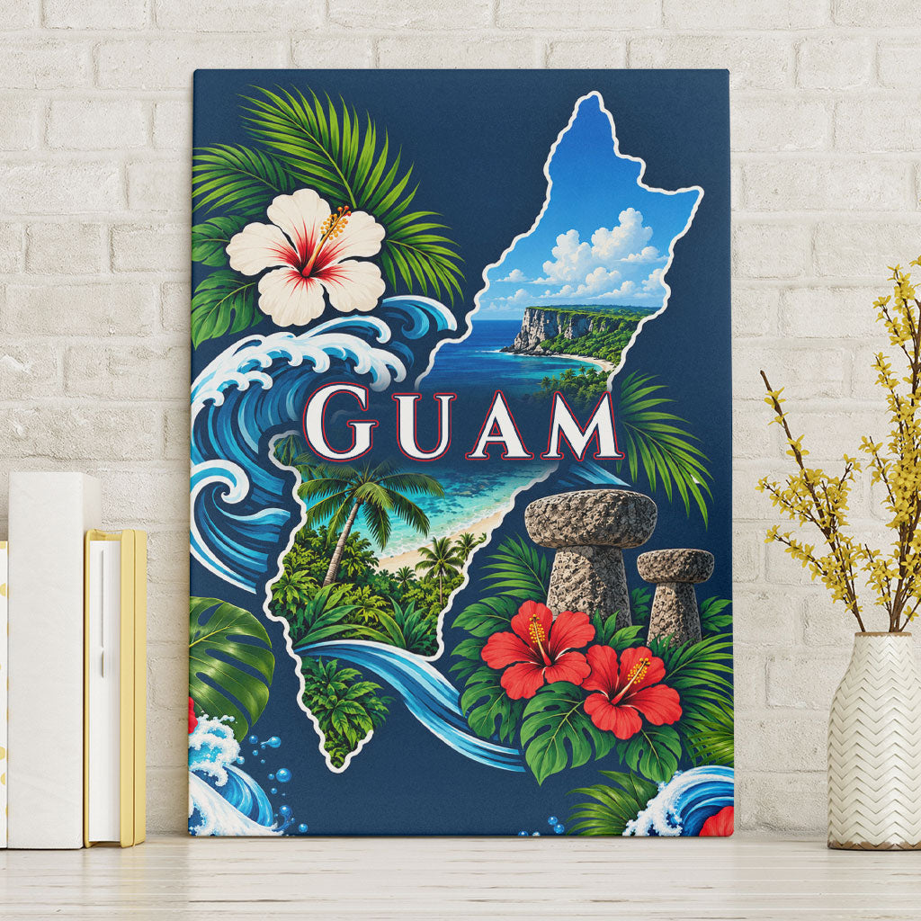 Guam Map Latte Stone Canvas Wall Art Hibiscus Floral Coastal Landscape TS04 Without Frame Blue Red - Polynesian Pride