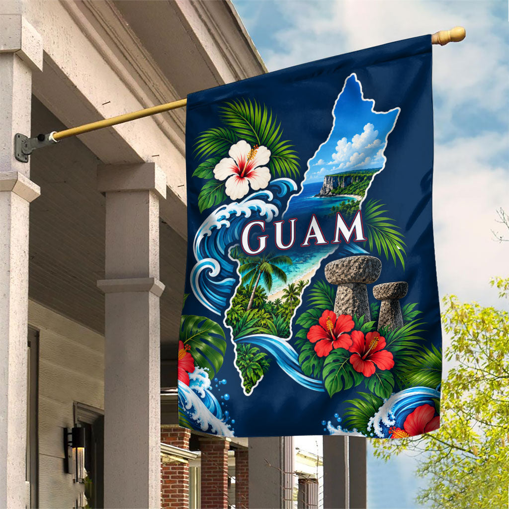 Guam Map Latte Stone Garden Flag Hibiscus Floral Coastal Landscape TS04 House Flag Blue Red - Polynesian Pride