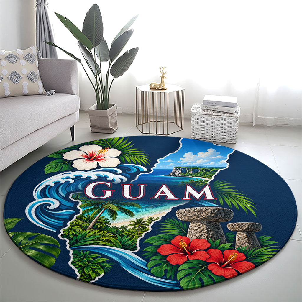 Guam Map Latte Stone Round Carpet Hibiscus Floral Coastal Landscape TS04 - Polynesian Pride