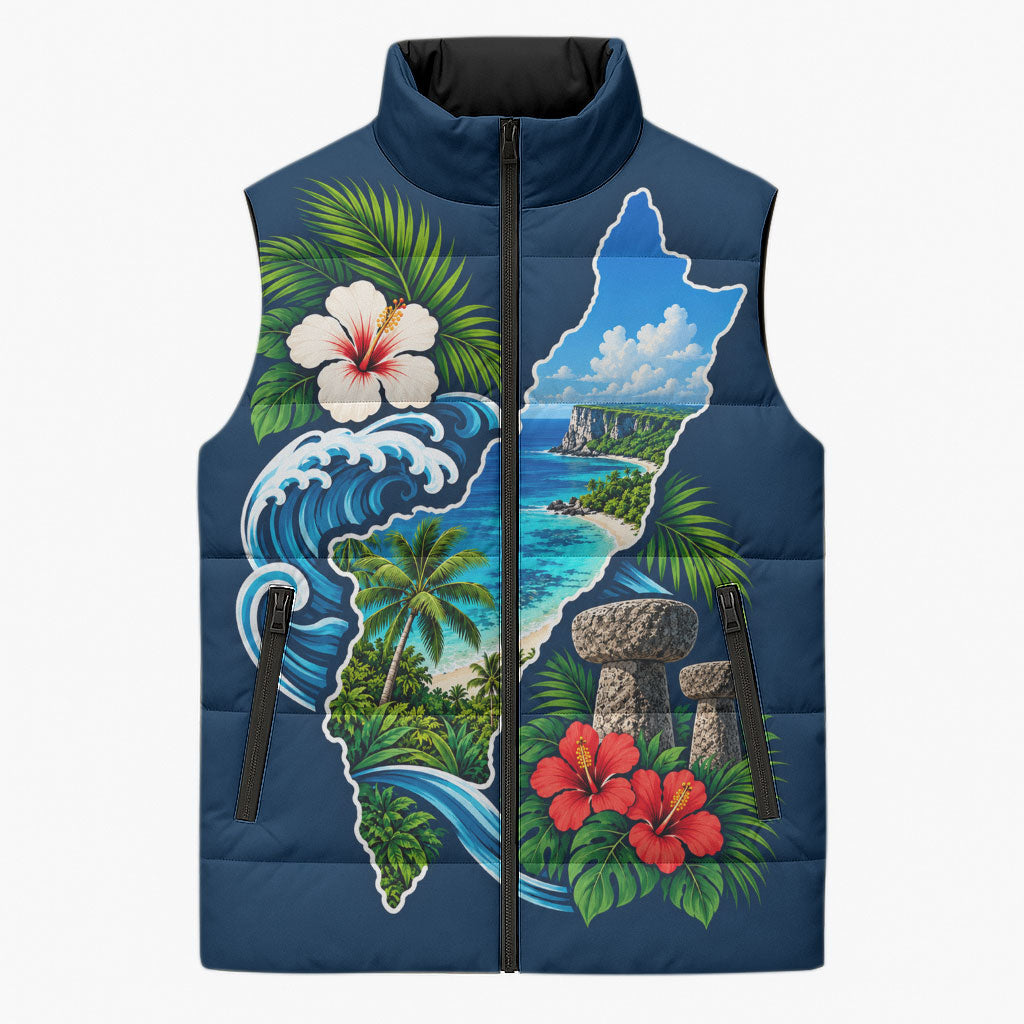 Guam Map Latte Stone Sleeveless Puffer Jacket Hibiscus Floral Coastal Landscape TS04 Unisex Blue Red - Polynesian Pride