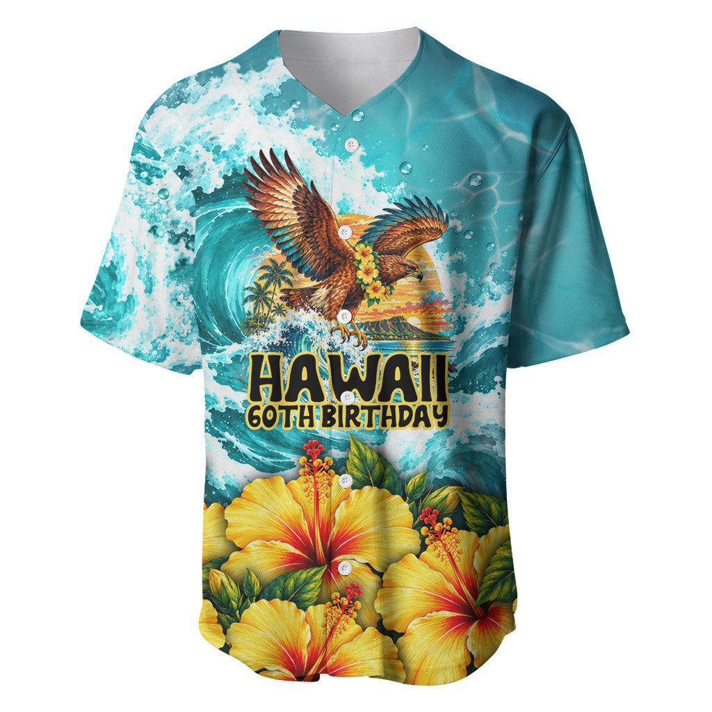 Personalized Hawaii 60th Birthday Eagle Baseball Jersey Tropical Sunset Beach Hibiscus Ocean Wave TS04 Blue Yellow - Polynesian Pride