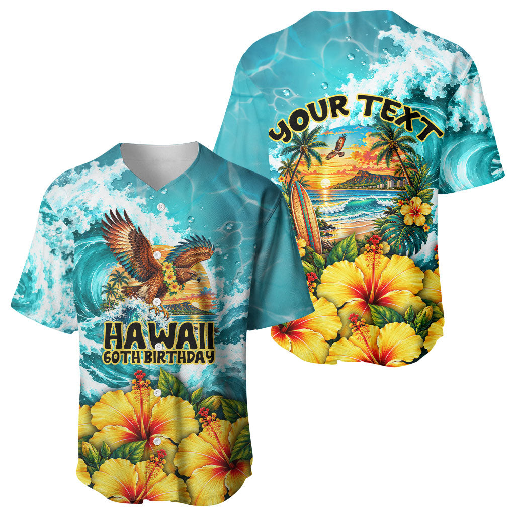 Personalized Hawaii 60th Birthday Eagle Baseball Jersey Tropical Sunset Beach Hibiscus Ocean Wave TS04 - Polynesian Pride