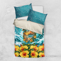 Personalized Hawaii 60th Birthday Eagle Bedding Set Tropical Sunset Beach Hibiscus Ocean Wave TS04 US Twin 172cm x 218cm Blue Yellow - Polynesian Pride