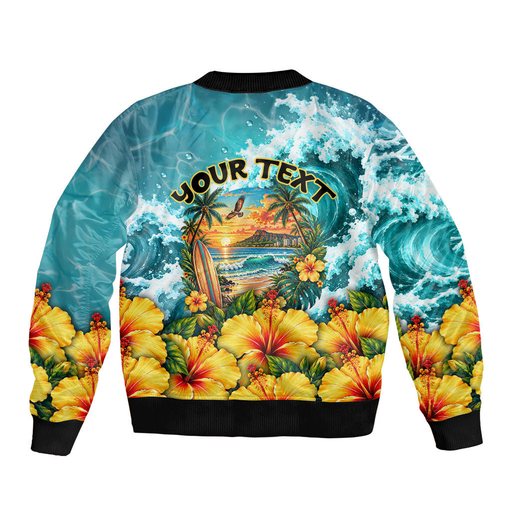 Personalized Hawaii 60th Birthday Eagle Bomber Jacket Tropical Sunset Beach Hibiscus Ocean Wave TS04 - Polynesian Pride