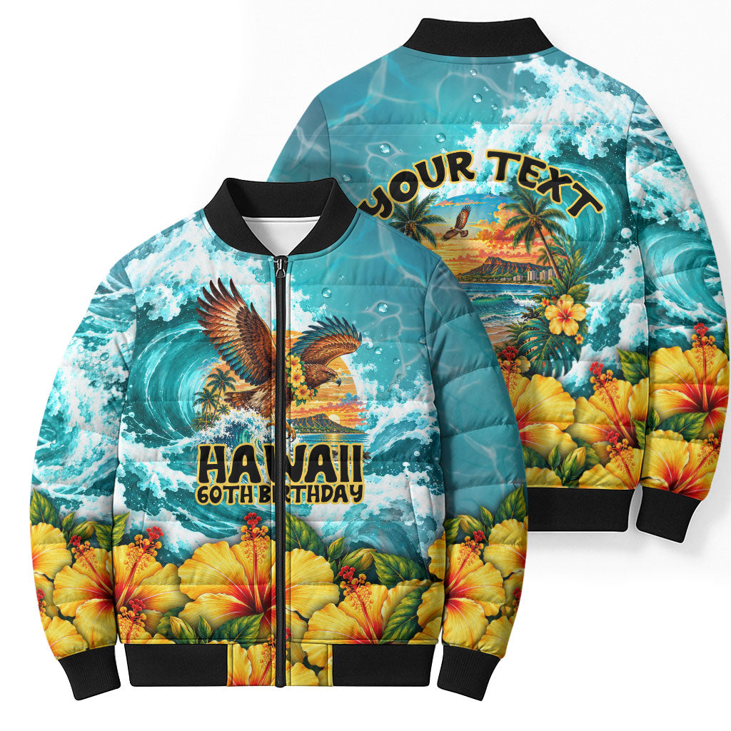 Personalized Hawaii 60th Birthday Eagle Bomber Puffer Jacket Tropical Sunset Beach Hibiscus Ocean Wave TS04 - Polynesian Pride