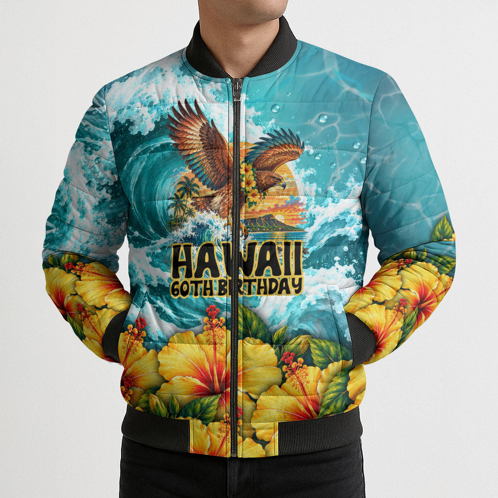 Personalized Hawaii 60th Birthday Eagle Bomber Puffer Jacket Tropical Sunset Beach Hibiscus Ocean Wave TS04 - Polynesian Pride