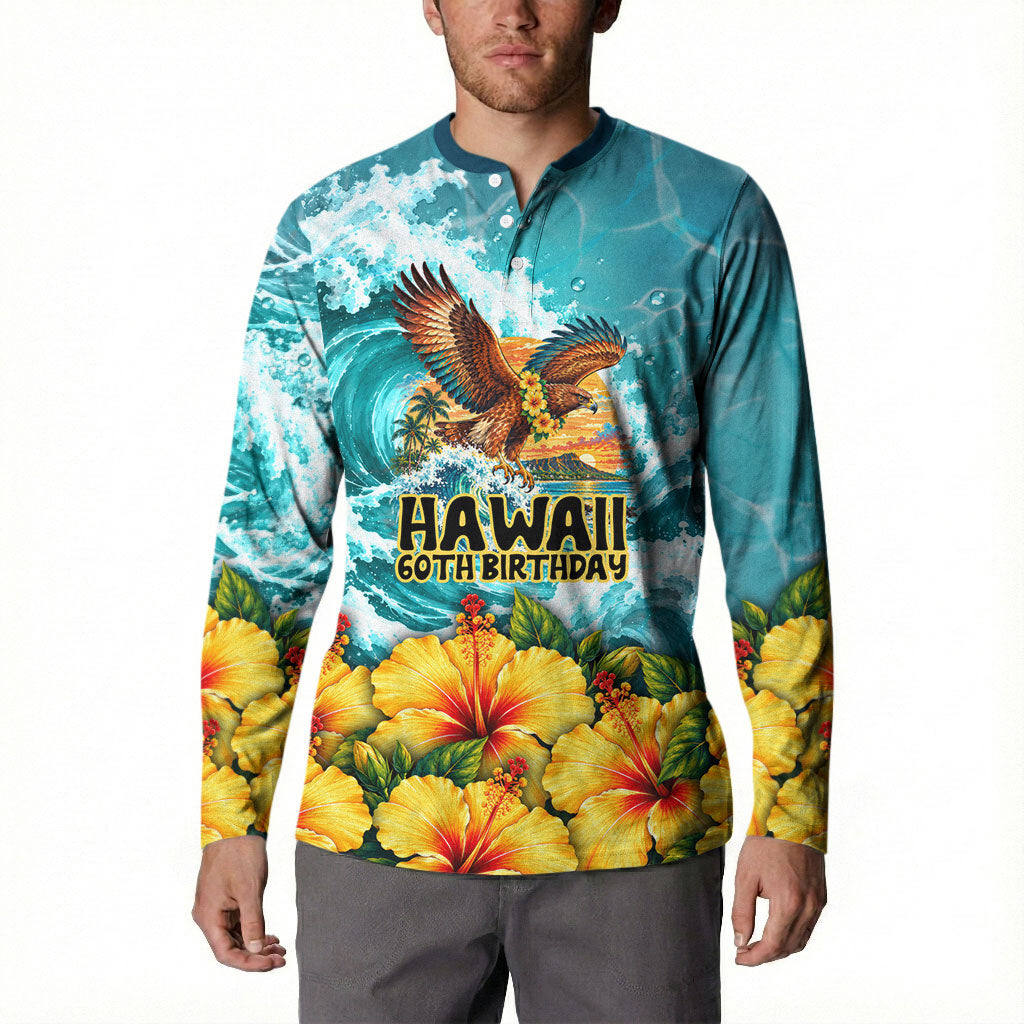 Personalized Hawaii 60th Birthday Eagle Button Sweatshirt Tropical Sunset Beach Hibiscus Ocean Wave TS04 - Polynesian Pride
