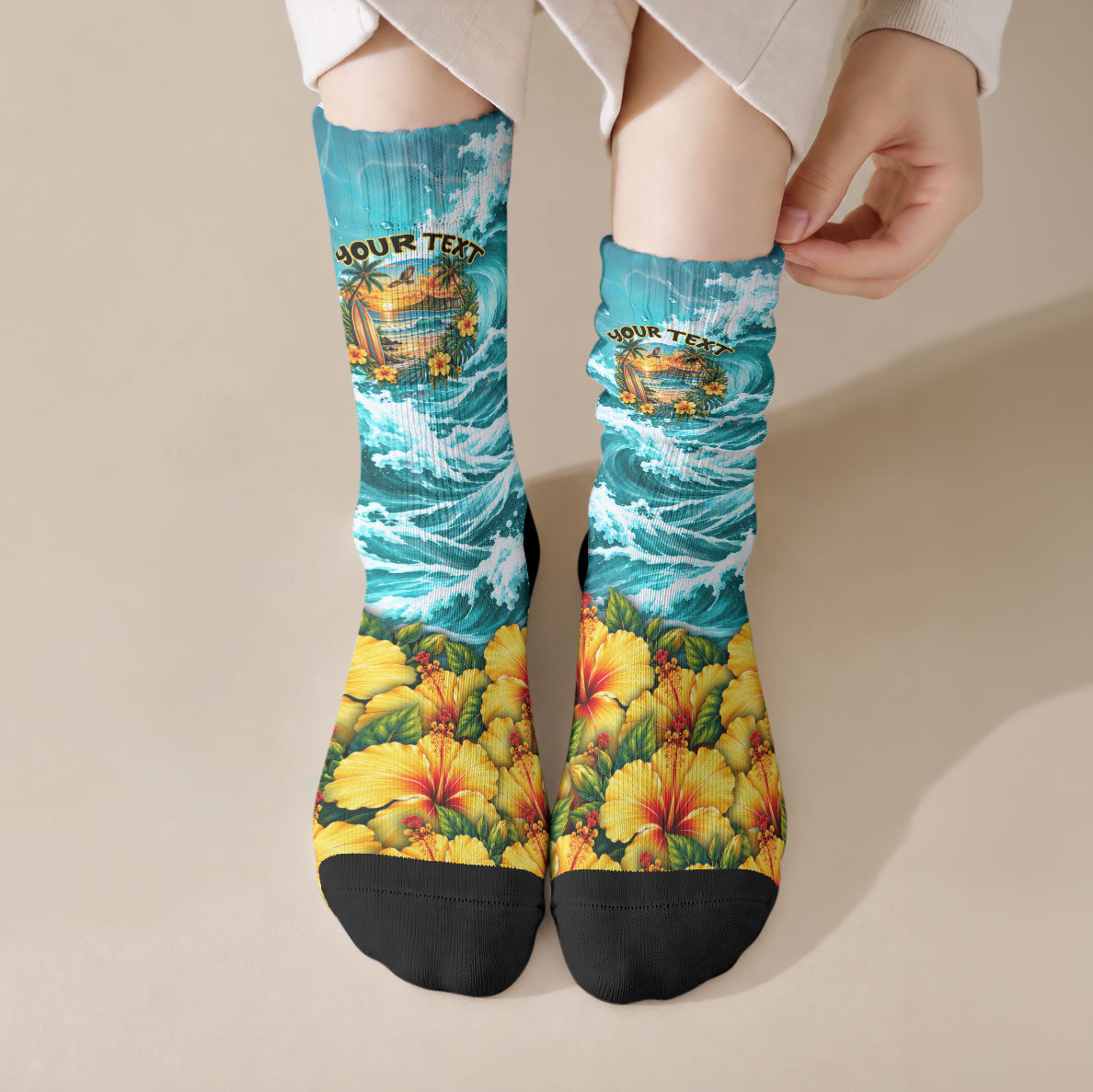 Personalized Hawaii 60th Birthday Eagle Crew Socks Tropical Sunset Beach Hibiscus Ocean Wave