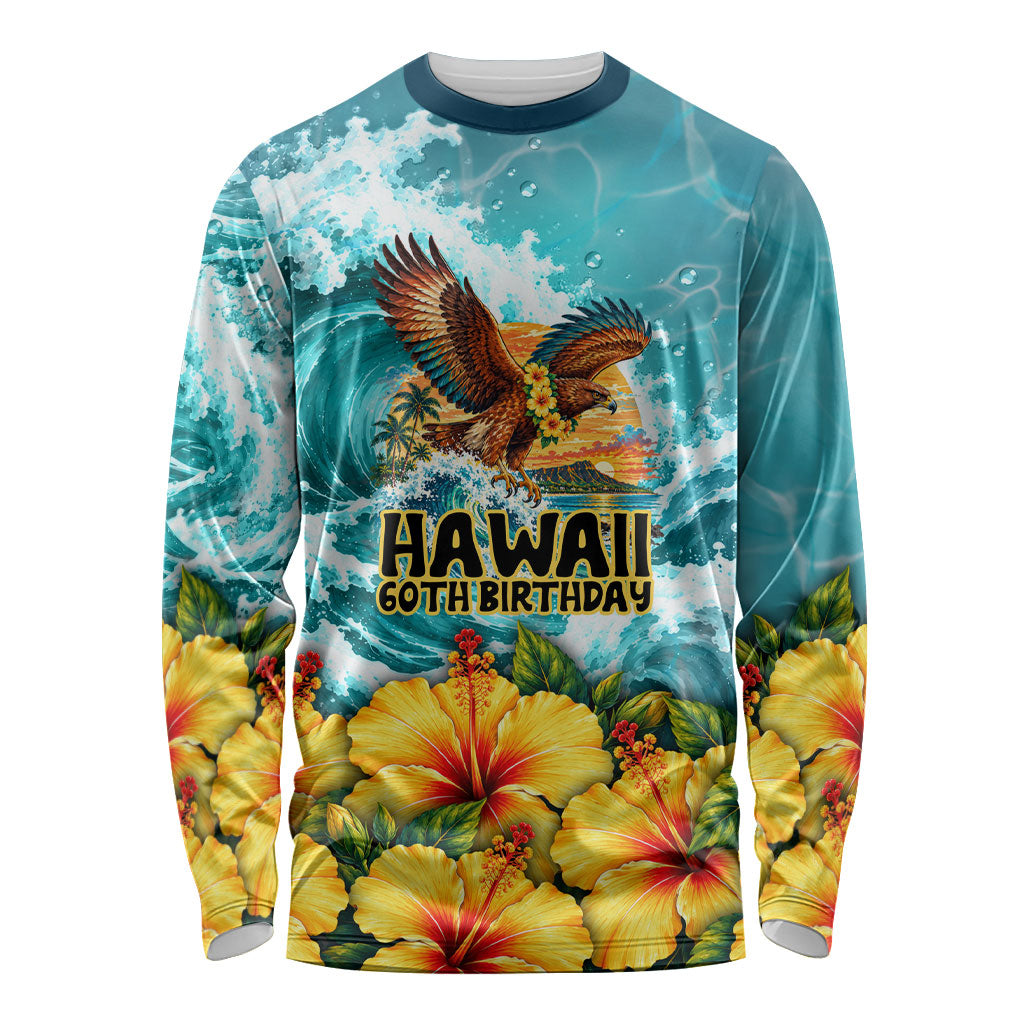 Personalized Hawaii 60th Birthday Eagle Long Sleeve Shirt Tropical Sunset Beach Hibiscus Ocean Wave TS04 Unisex Blue Yellow - Polynesian Pride