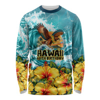 Personalized Hawaii 60th Birthday Eagle Long Sleeve Shirt Tropical Sunset Beach Hibiscus Ocean Wave TS04 Unisex Blue Yellow - Polynesian Pride