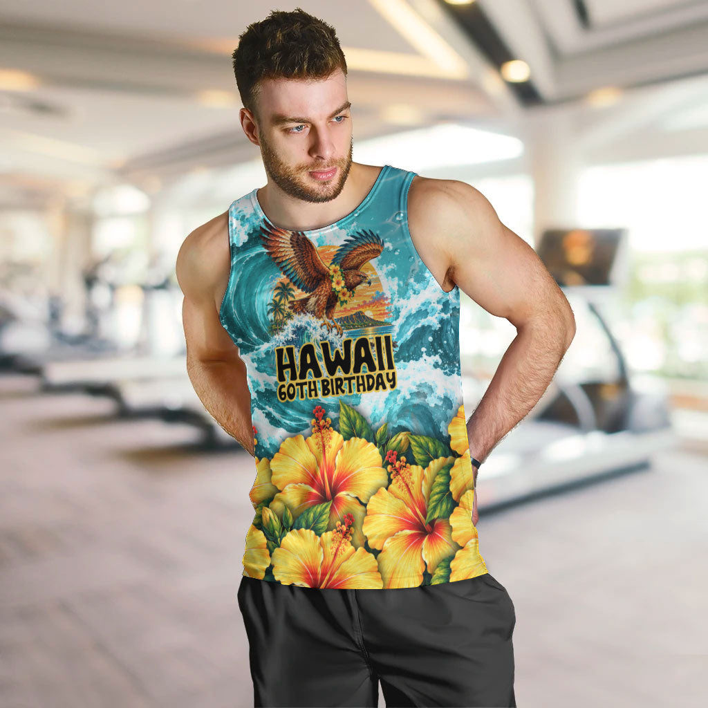 Personalized Hawaii 60th Birthday Eagle Men Tank Top Tropical Sunset Beach Hibiscus Ocean Wave TS04 Blue Yellow - Polynesian Pride