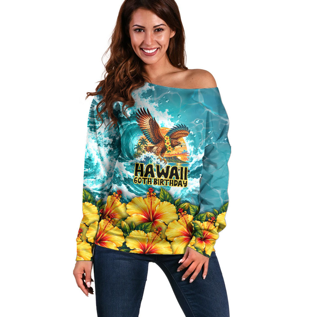 Personalized Hawaii 60th Birthday Eagle Off Shoulder Sweater Tropical Sunset Beach Hibiscus Ocean Wave TS04 Women Blue Yellow - Polynesian Pride