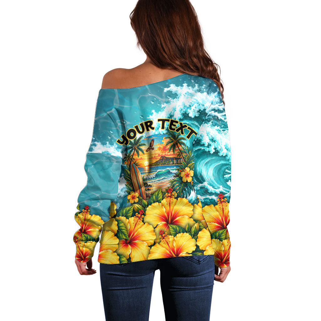 Personalized Hawaii 60th Birthday Eagle Off Shoulder Sweater Tropical Sunset Beach Hibiscus Ocean Wave TS04 - Polynesian Pride