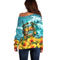Personalized Hawaii 60th Birthday Eagle Off Shoulder Sweater Tropical Sunset Beach Hibiscus Ocean Wave TS04 - Polynesian Pride