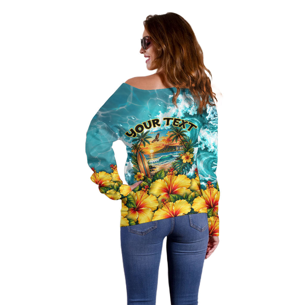Personalized Hawaii 60th Birthday Eagle Off Shoulder Sweater Tropical Sunset Beach Hibiscus Ocean Wave TS04 - Polynesian Pride